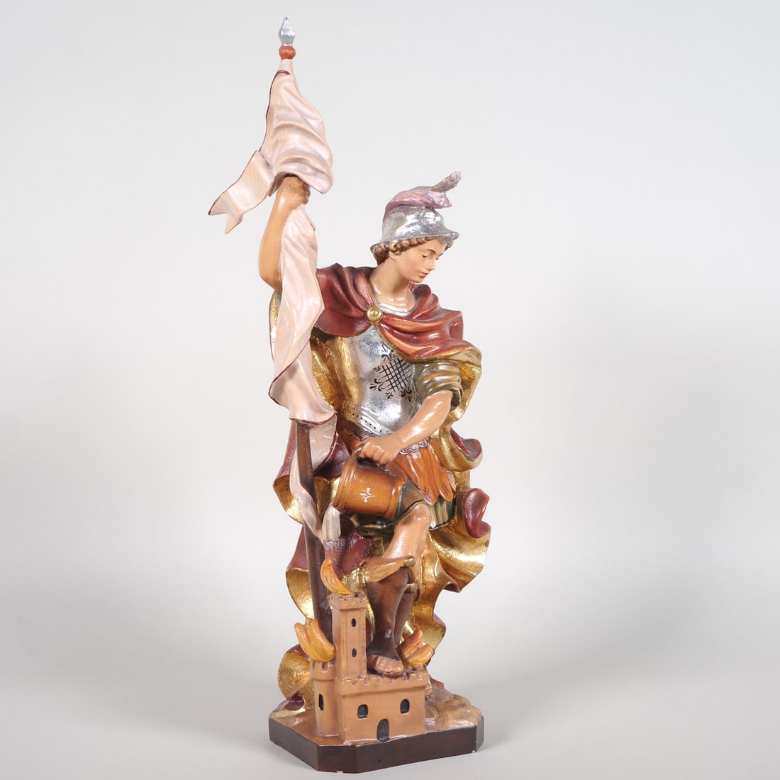 St. Florian figure carved from lime wood, patron saint of firefighters. (1 of 3)