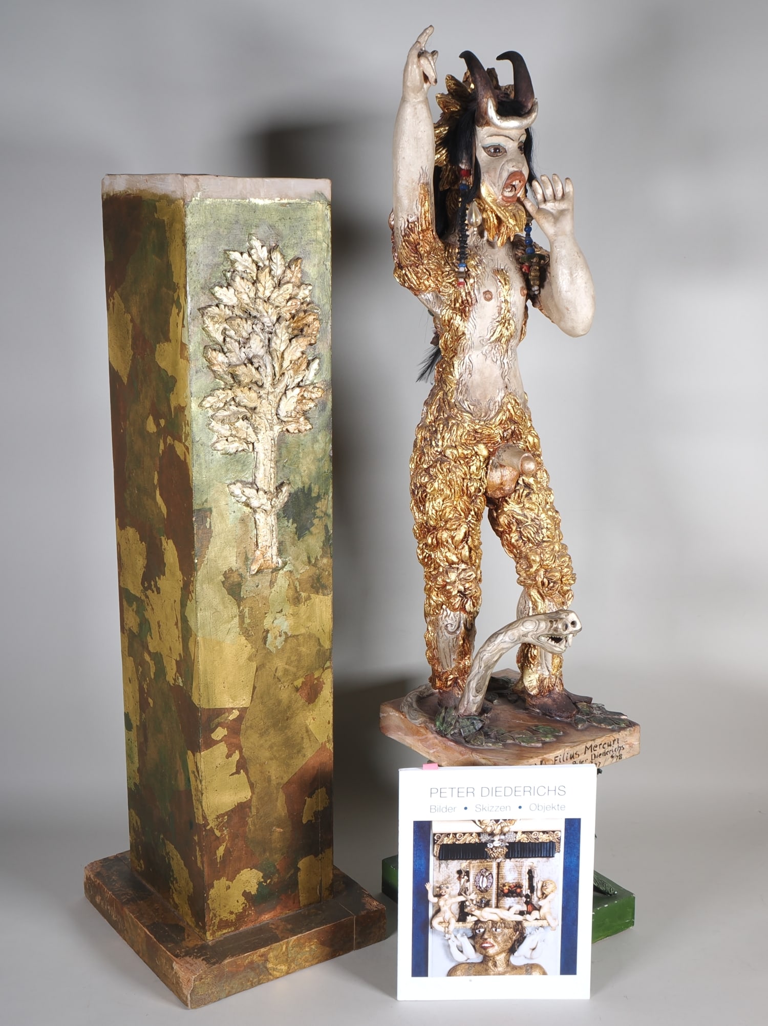 Peter Diederichs (1923-1982, Konstanz) - PAN Filius Mercuri, 1978: Peter Diederichs (1923-1982, Konstanz) - PAN Filius Mercuri, 1978Wood and plaster body, painted and gilded; depiction of Pan, the god of shepherds from Greek mythology, as a hybrid creature-half-man,