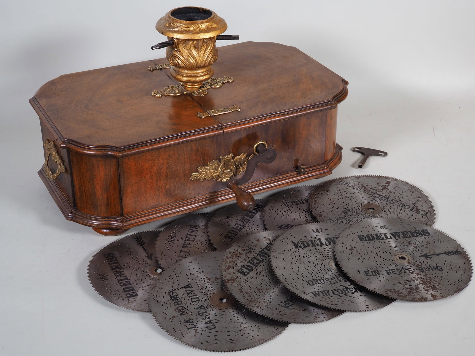 Christmas tree stand with disc music box around 1900 (1 of 5)