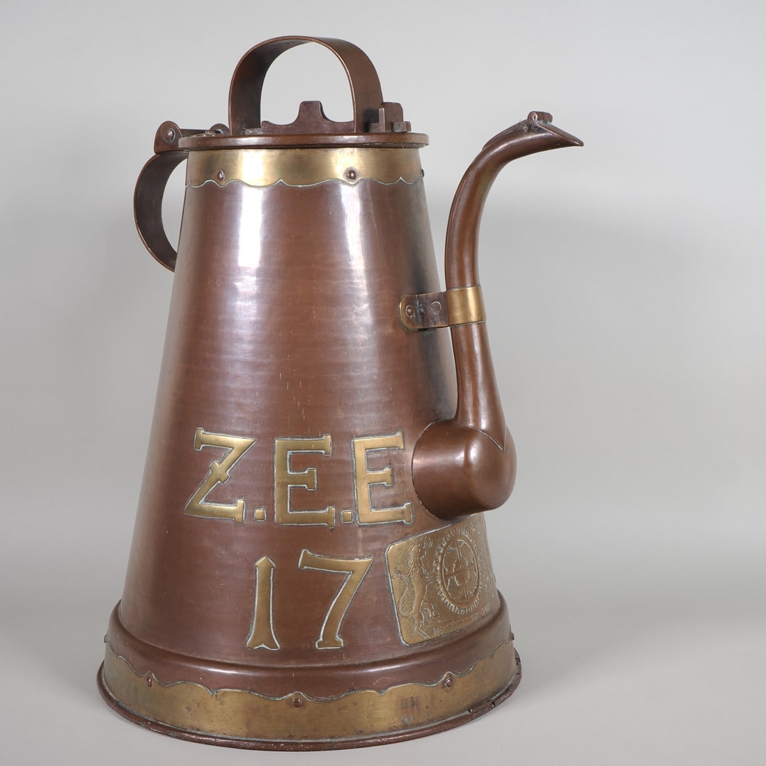 Large copper guild jug belonging to the millers, "Z.E.E.H.D.M. 1791" (1 of 4)