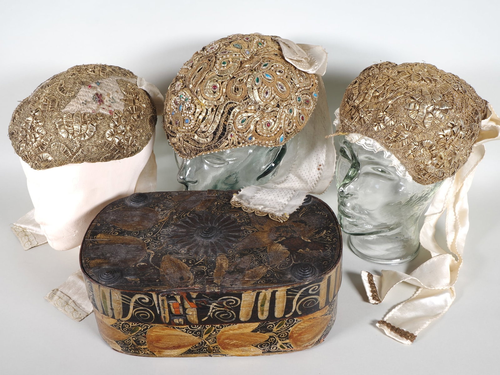 Antique gold embroided bonnets from around 1780 (1 of 8)