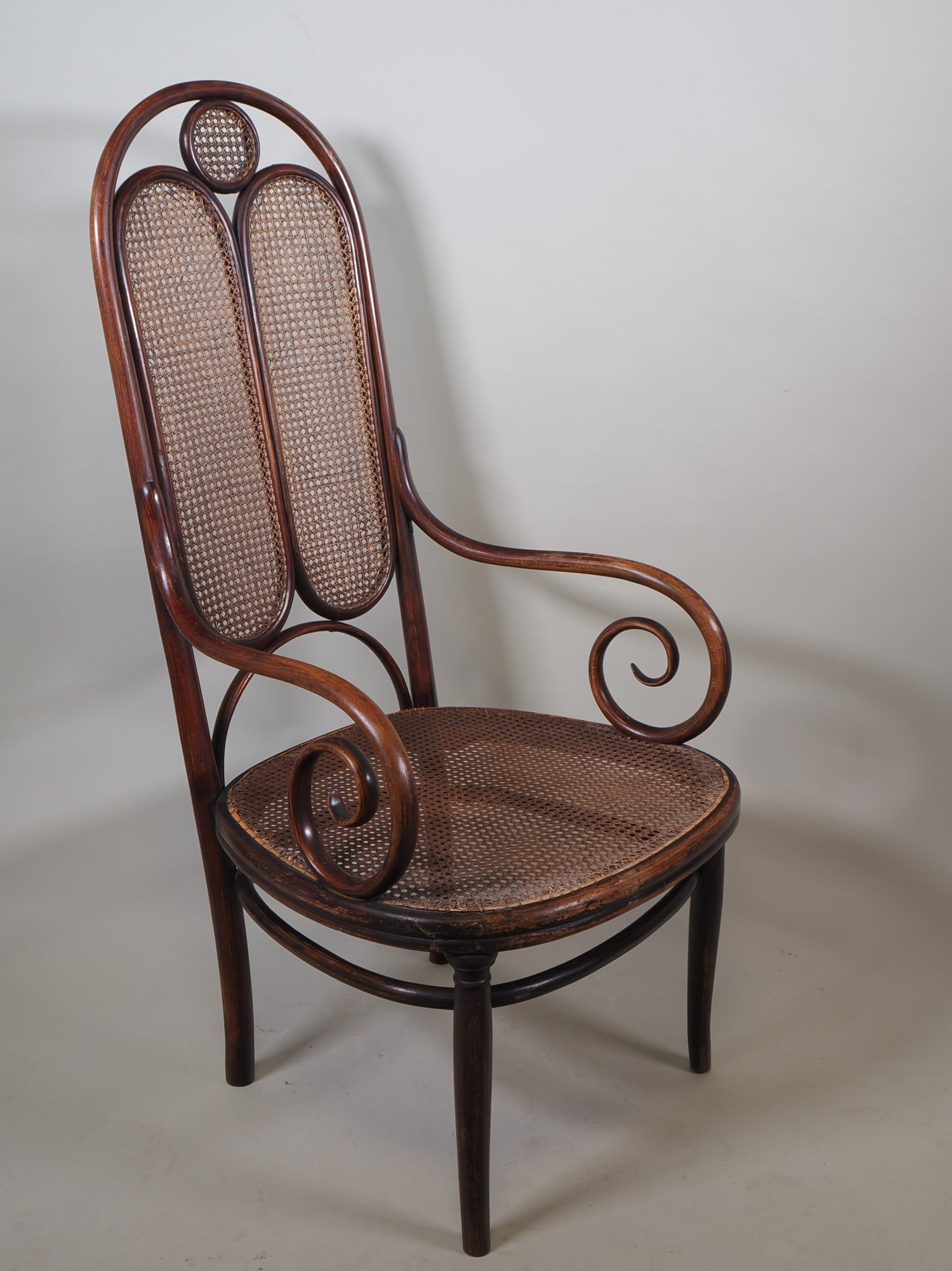 Thonet Armchair No. 17: Thonet Armchair No. 17Chair with a high backrest made of steam-bent beech wood; the backrest and seat are wicker-woven; the manufacturer’s mark is stamped on the lower right-hand side of the seat fr