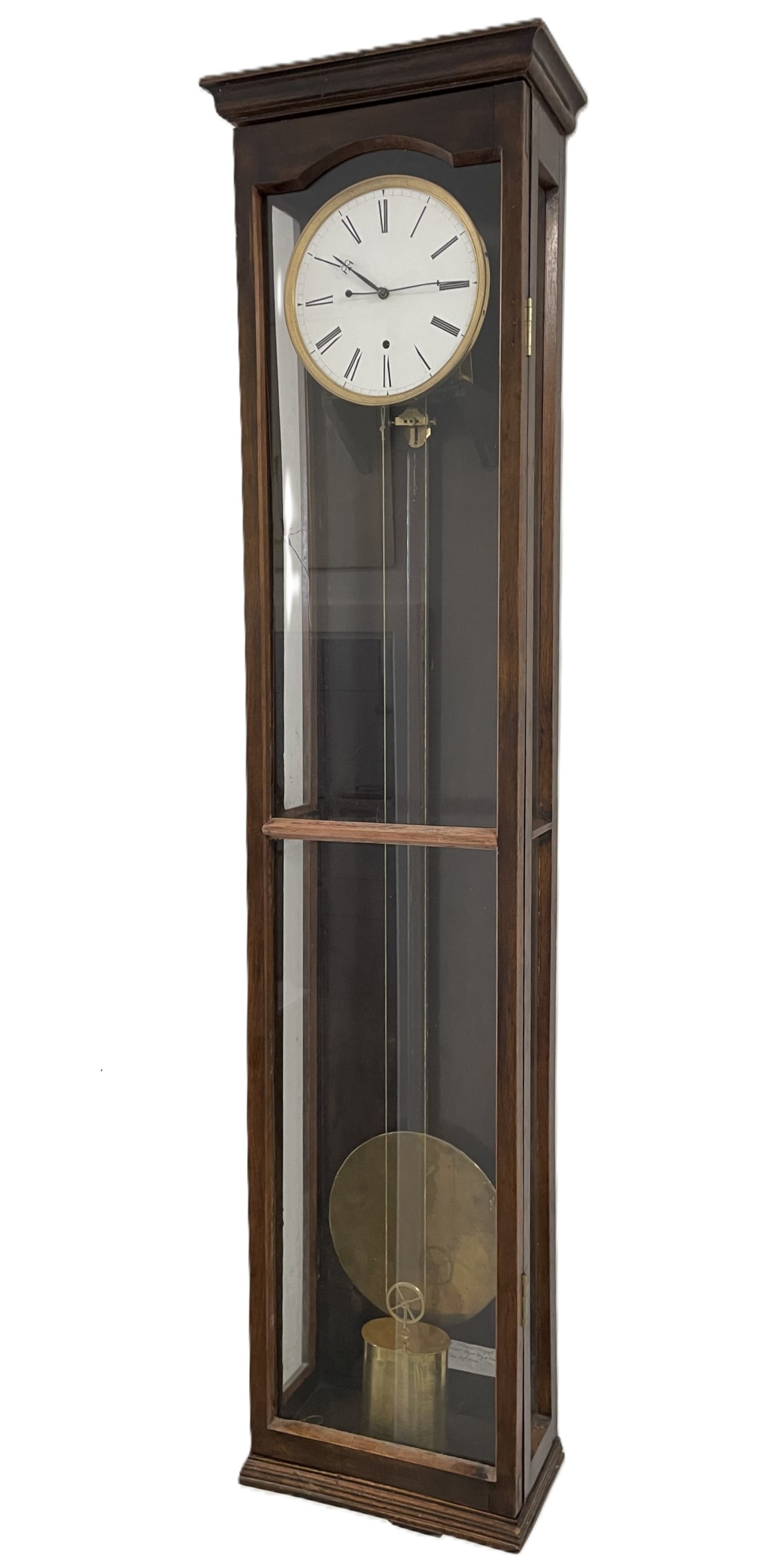 Viennese month runner around 1840: Viennese month runner around 1840very long case of walnut wood, glazed on three sides (one glazing damaged on the upper left side), straight form without decorations, built-in movement with one month