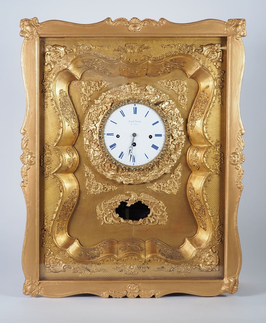 Biedermeier frame clock with musical movement, August Zelisko in Prague around 1850: Biedermeier frame clock with musical movement, August Zelisko in Prague around 1850Wooden case made of softwood, front with applied floral decorations on the inside. Framed door, glazed. Wide dial
