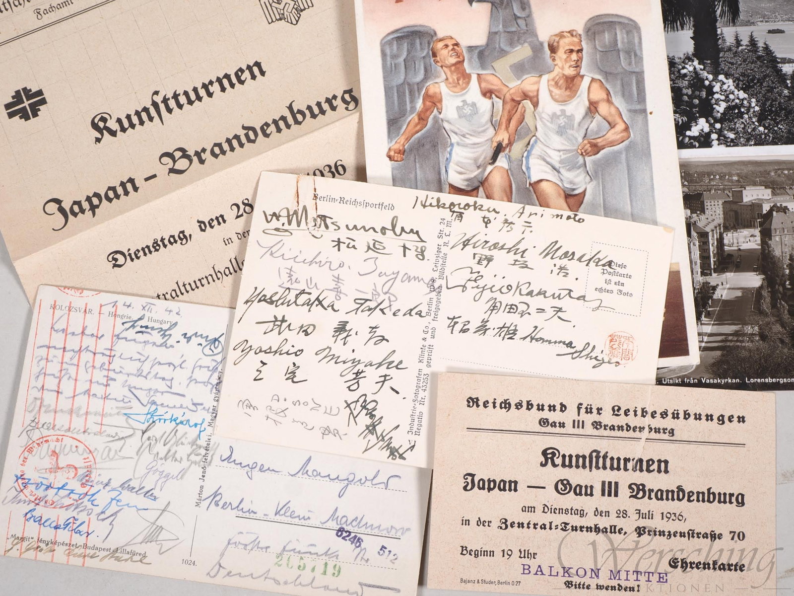 Third Reich: Japan-Brandenburg Artistic Gymnastics 1936 Berlin, autographs and programmes: Third Reich: Japan-Brandenburg Artistic Gymnastics 1936 Berlin, autographs and programmesA rare collection from the estate of Eugen Mangold, a coach originally from Esslingen, Berlin-Kleinmachnow, who