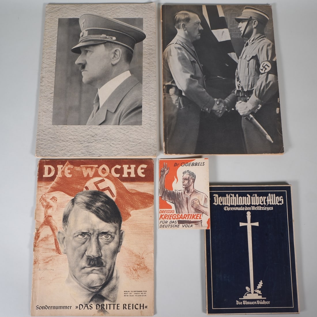 Third Reich: Collection of propaganda booklets, 5 items;: Third Reich: Collection of propaganda booklets, 5 items; Dr Goebbels: "Thirty War Articles for the German People", 1943; Illustrated Observer "Our Leader" marking Adolf Hitler’s 50th birthday on 20 