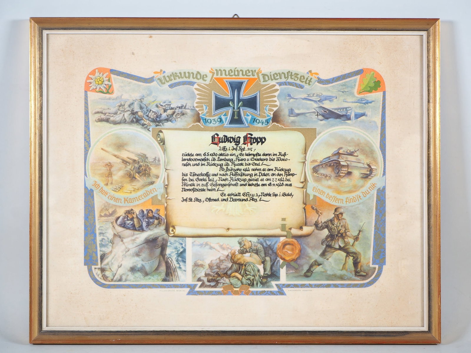 Large certificate of a recipient of the Close Combat Clasp in Gold, Infantry Regiment 217 (1 of 3)