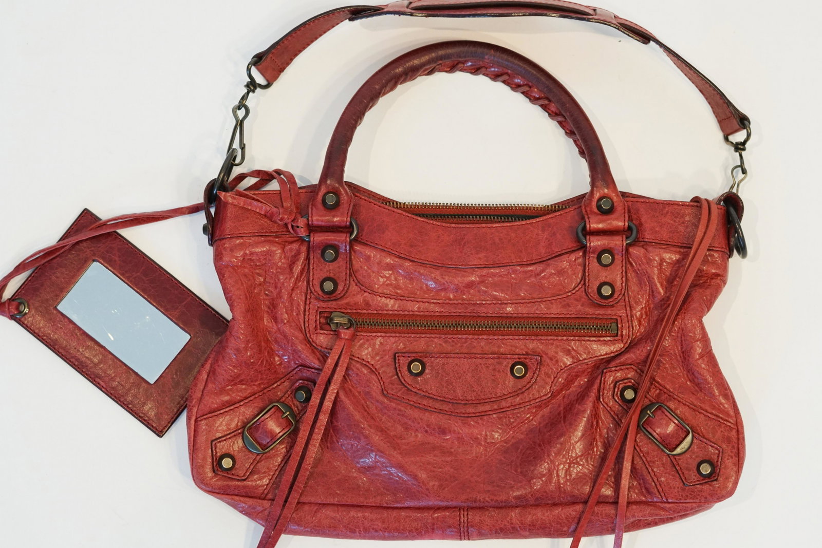 Balenciaga Classic City Bag in Red: Slight wear, Discoloraton, Small Rips, and scratches