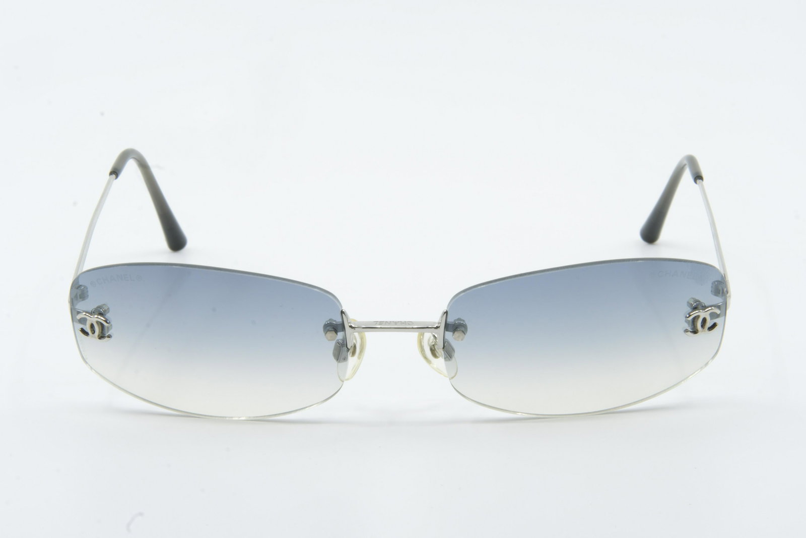 Chanel Blue Fade Square Sungalsses: Slight wear, Discoloraton, Small Rips, and scratches