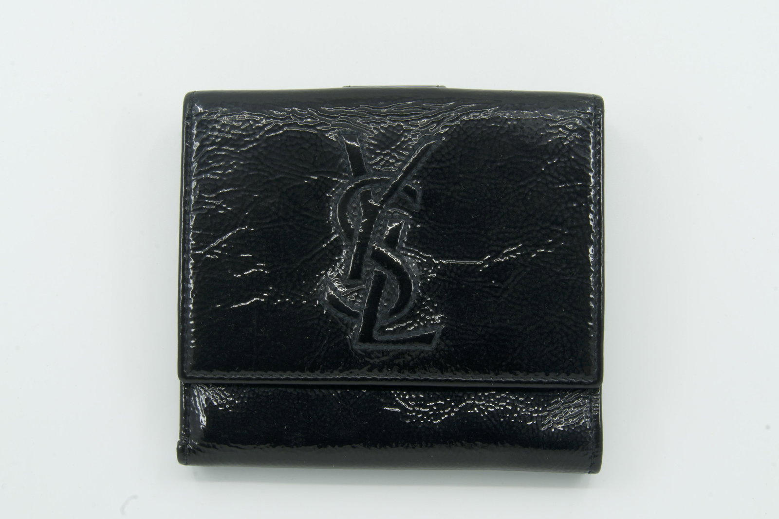 YSL Black Patent Leather Wallet: Slight wear, Discoloraton, Small Rips, and scratches