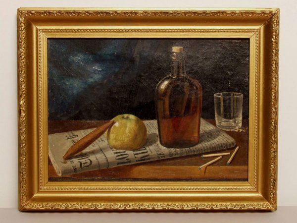American Oil Painting by Victor Dubreuil: American Oil Painting by Victor Dubreuil Signed, On Canvas. Original Condition Unrestored. Trompe L'Oeil Still Life Cigar, Fruit N.Y. Times etc. Two Small Perforations, Slight Flaking at Glass Base. 1