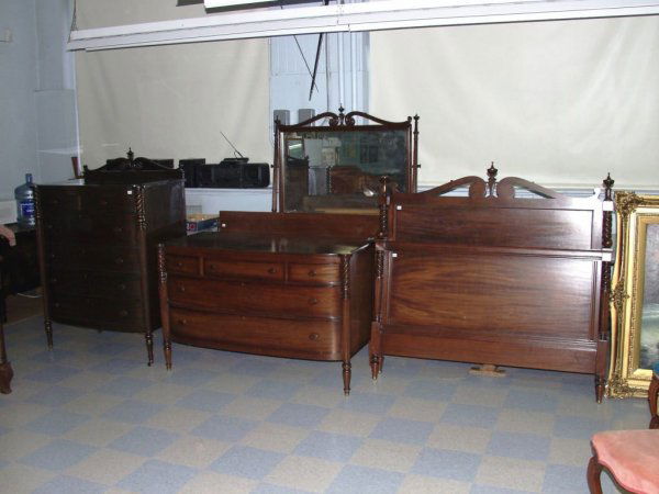 Vintage Mahogany Bedroom Suite: Vintage Mahogany Bedroom Suite Highboy, Dresser with Mirror, Complete Bed Frame. PLEASE NOTE: NOT SUITABLE FOR SHIPPING. 56.5 inches long