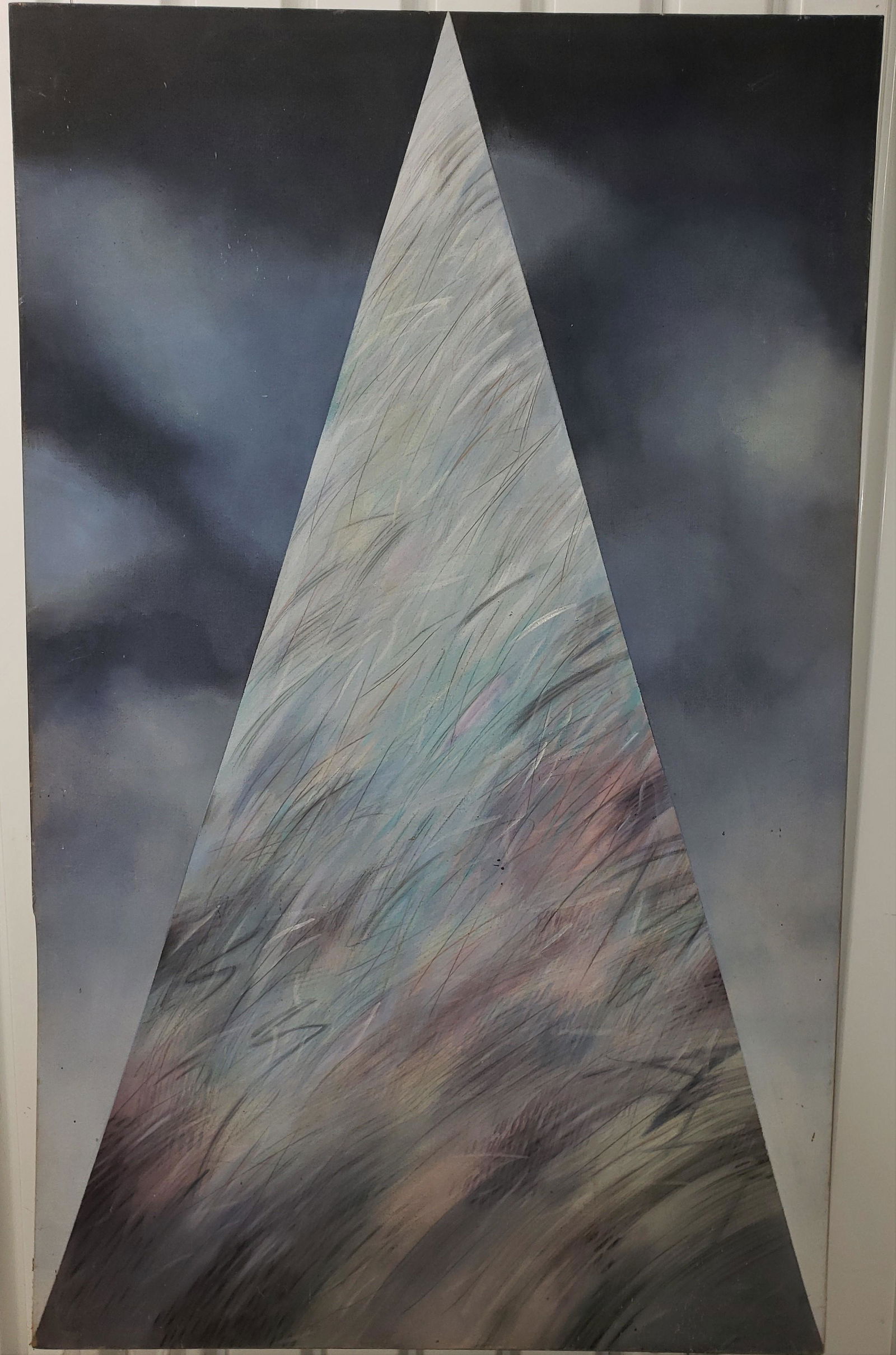 Steely Obelisk: Attributed to Davoli, acrylic on canvas. The artist combines his skill at painting an angry gray sky as it threatens to disrupt the strength of this bold obelisk projecting skyward. unframed, gallery