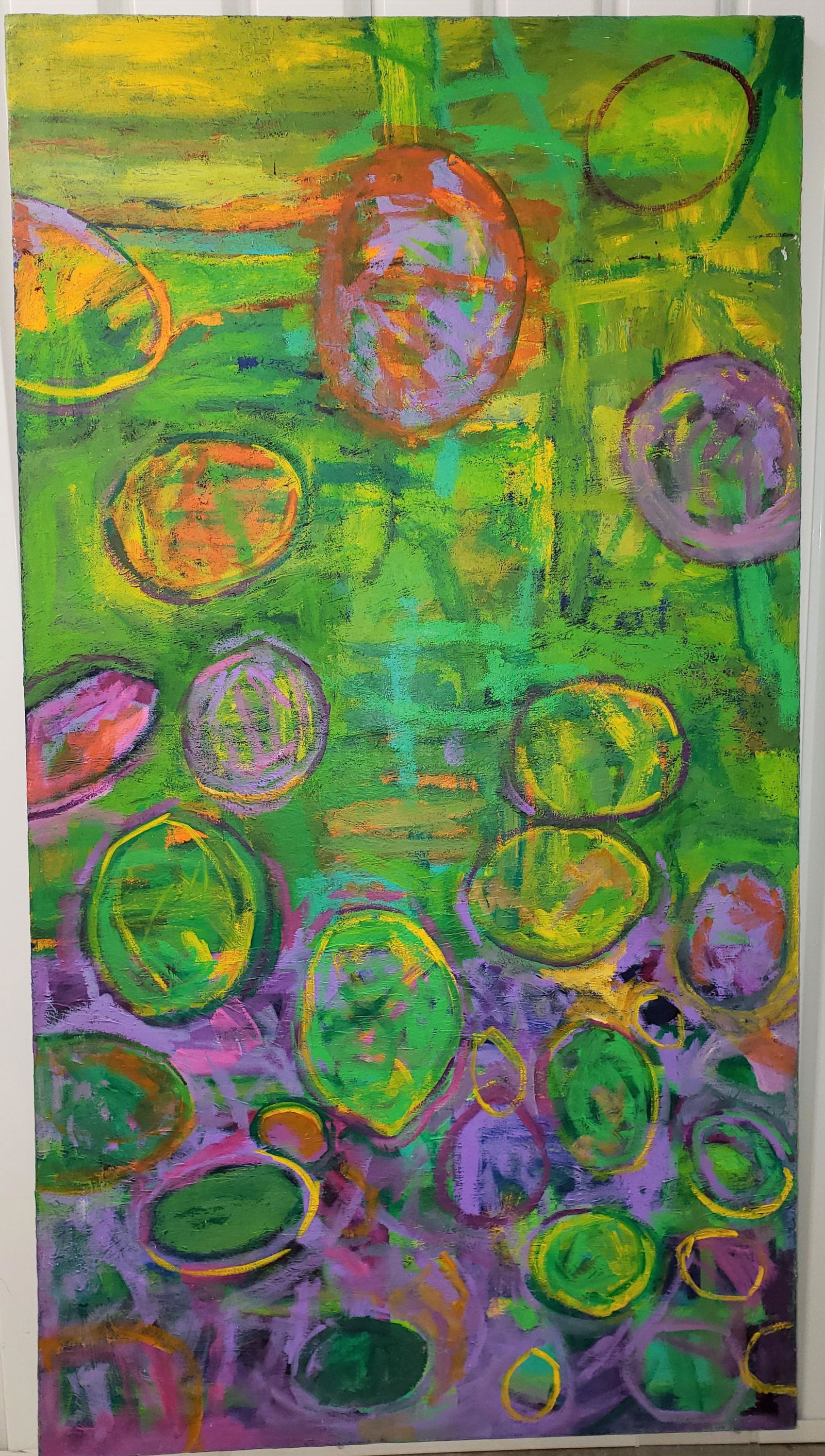 Overcast Over Okechobee: Fantastic brilliantly painted abstract attributed to Davoli, thickly applied oil on canvas of vibrant greens, purple, orange, and yellow accents. Striking painting. 70 inches high x 38 inches wide. co