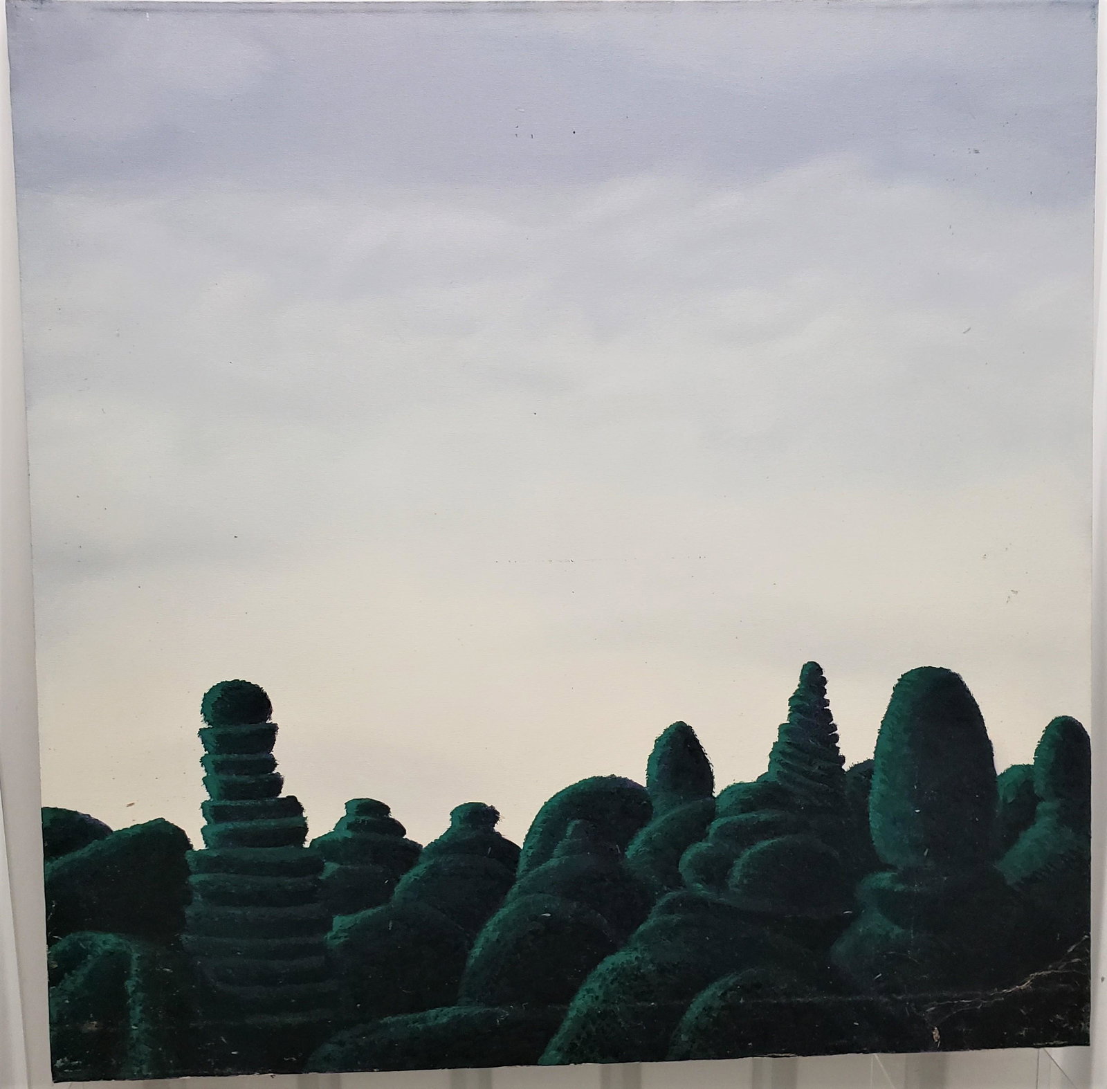 Topiary Garden 2: Attributed to Moylan based on the topiary series in this sale, large canvas painted in a style that incorporates both realistic and surreal elements of a beautiful sculpted garden great detail. The sk