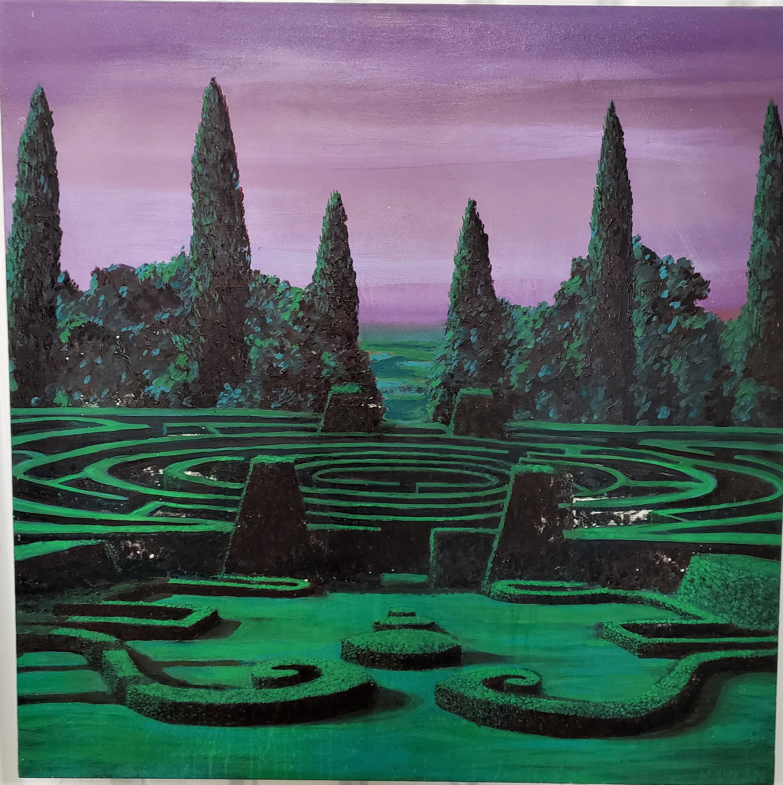 Topiary Maze (Garden Series #2): Painting by Moylan, (see other topiary lots in this sale - the others are unsigned so this one has been used to attribute the other to Moylan). large oil on canvas in a style that incorporates both re