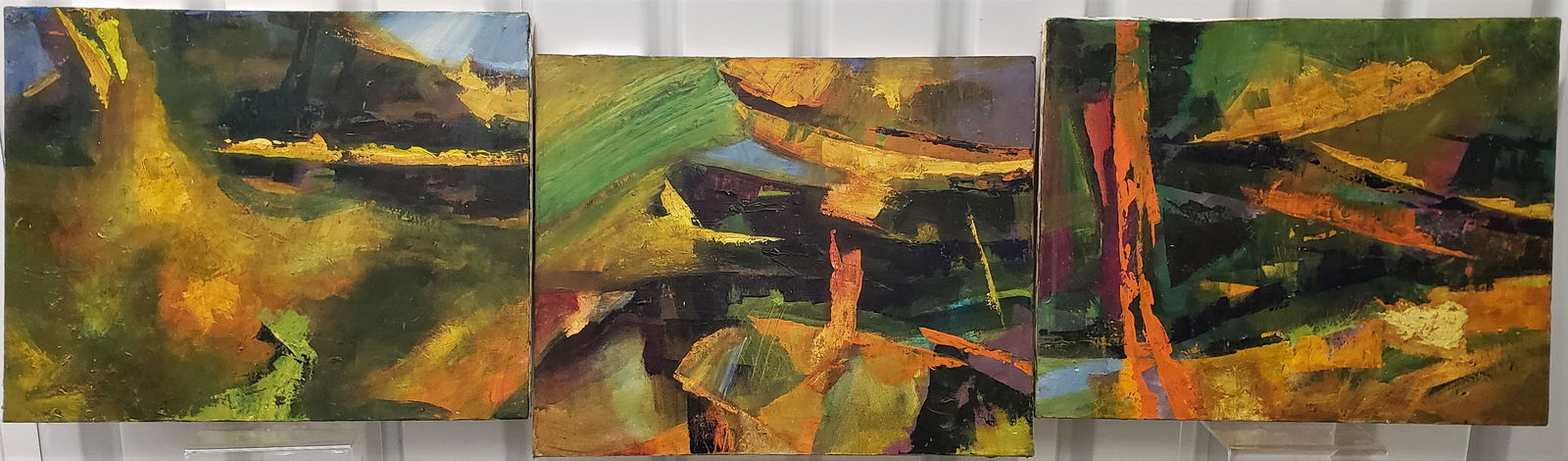 Abstracts, set of three: This set of 3 abstracts is attributed to Davoli based on an inscribed signature verso "J Davoli 2009 Untitled" on one of the 3, the other 2 are unsigned. This set is consistent in style to other abstr