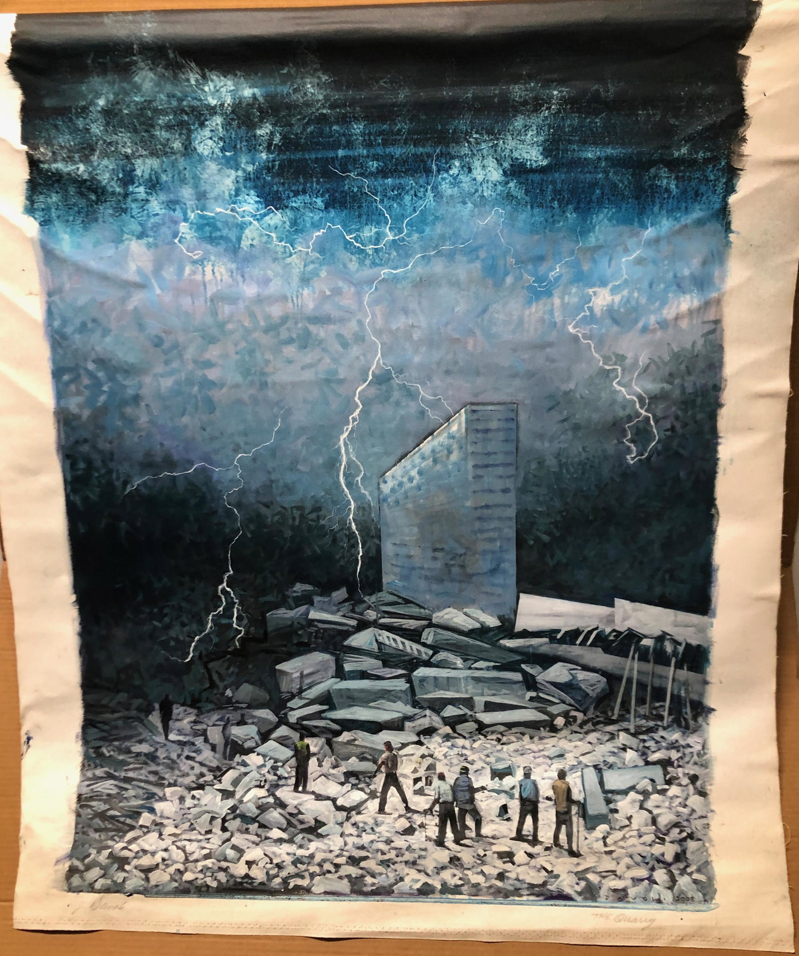 The Quarry - Unstretched: Davoli painted this dramatic canvas using deep blues, grays and black pigments to illustrate this stark view of workers at quarry. He adds to the dramatic effects by adding a lightning storm that thre