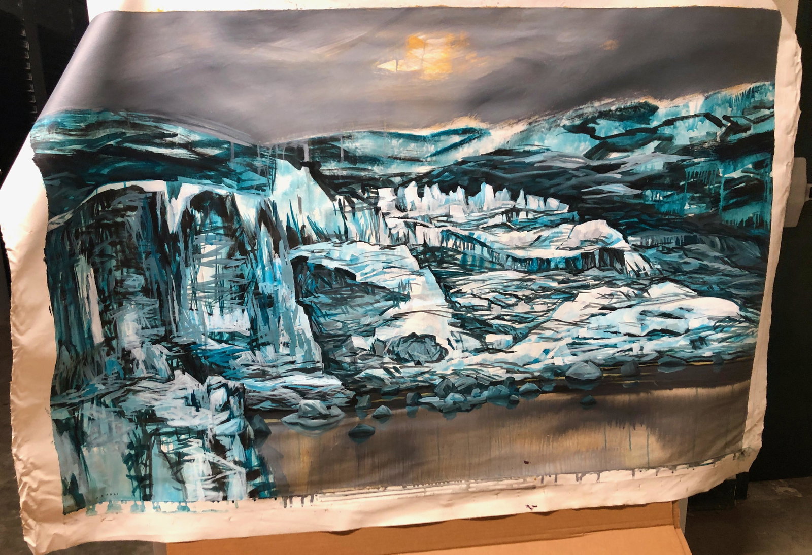 Ice Age - Unstretched: Unattributed canvas from the estate collection of Davoli and Moylan. This icy painting feels cold. It depicts what one might see on a trip to the North or South Poles with jagged looking ice formation