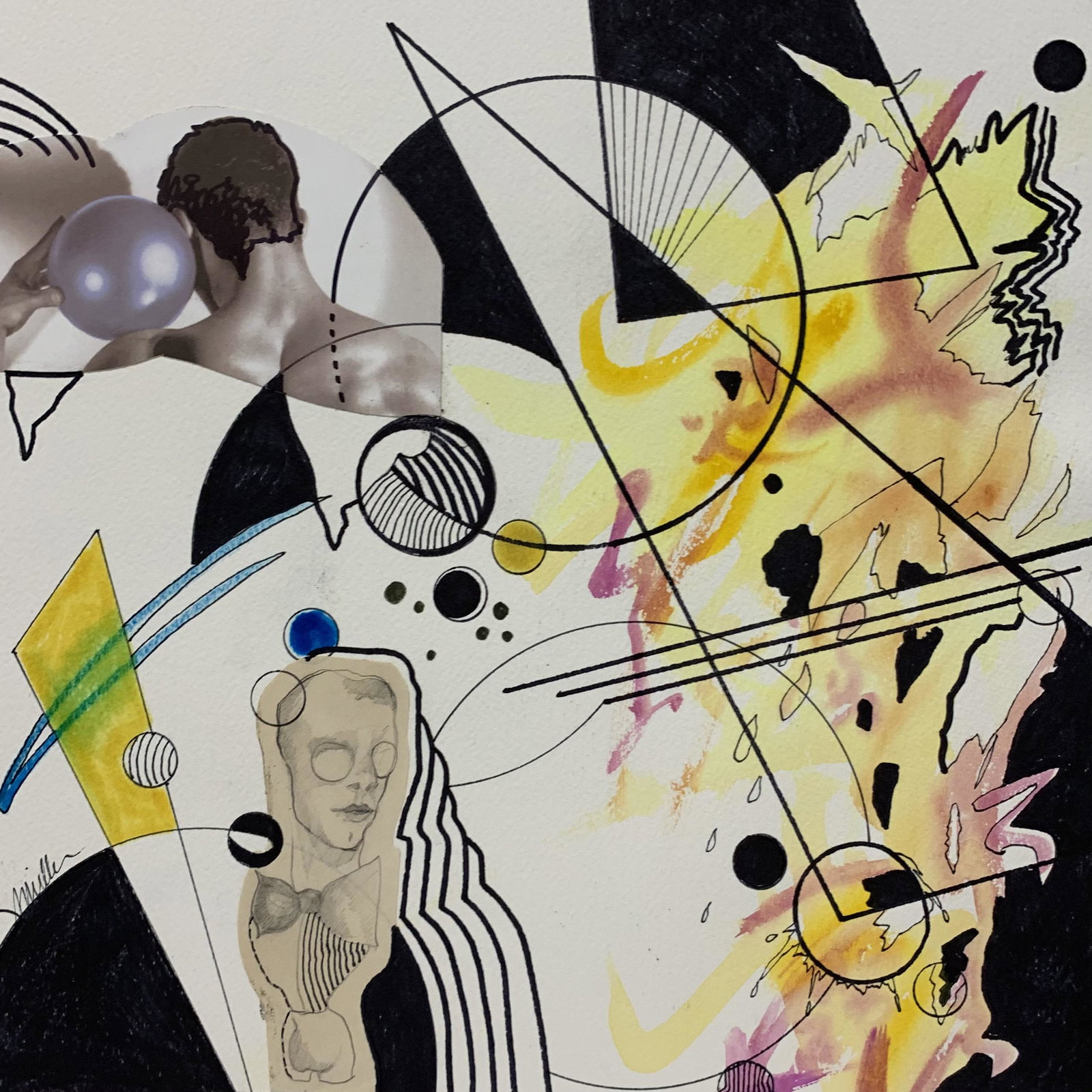 Jay Miller, artist. "Gazing": Black & white punctuated with colors mixed media collage by Jay Miller. The composition opens to the viewer to abstract images and more definable ones coupled with linear artwork to create "Gazing". S