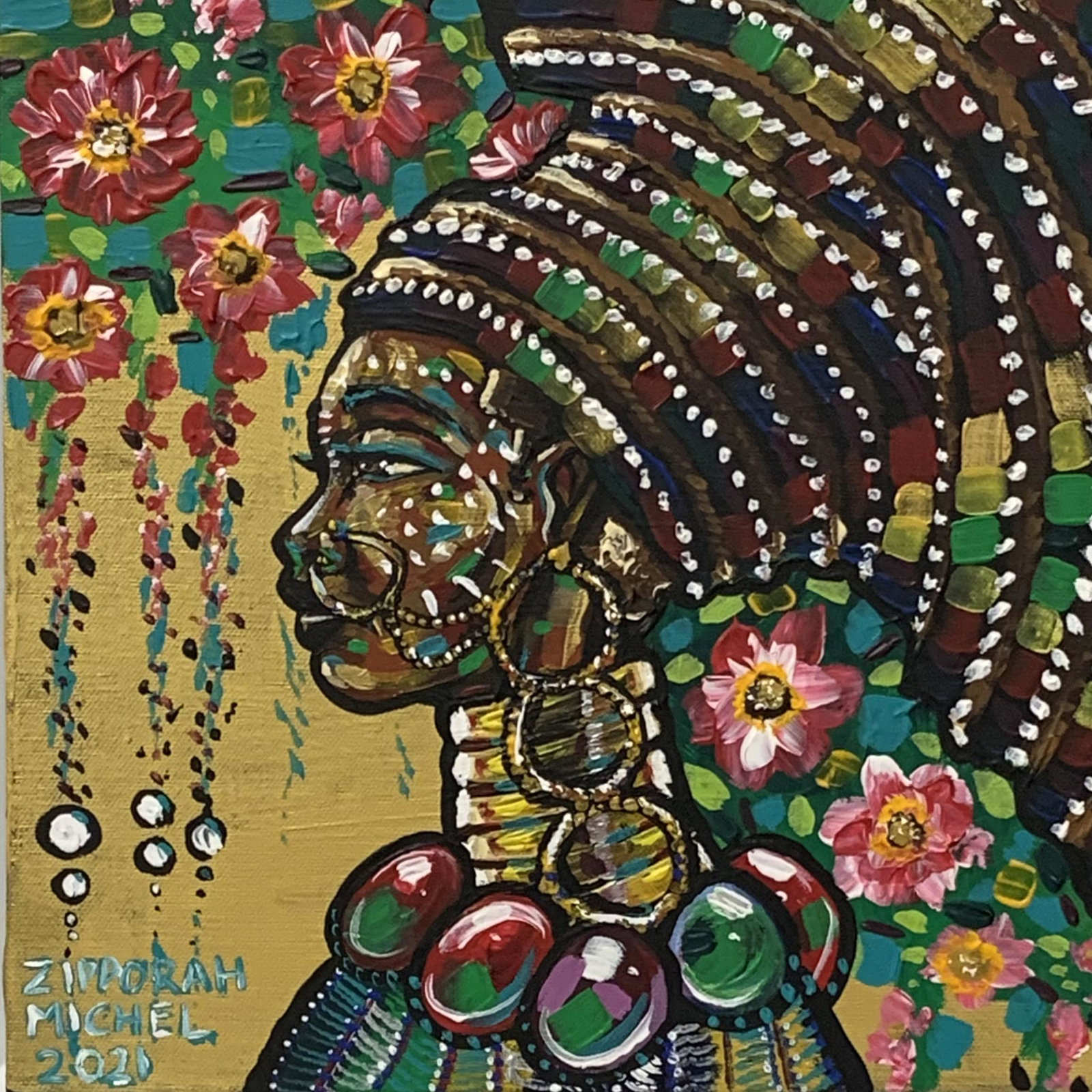 Zipporah Michel, artist. "Ziphozonke I": Exquisite acrylic portrait on canvas by Zipporah Michel. Languishing in a vibrant mix of color against a gold-tone background, this regal portrait with beautiful jewels and flowing flowers is stunning