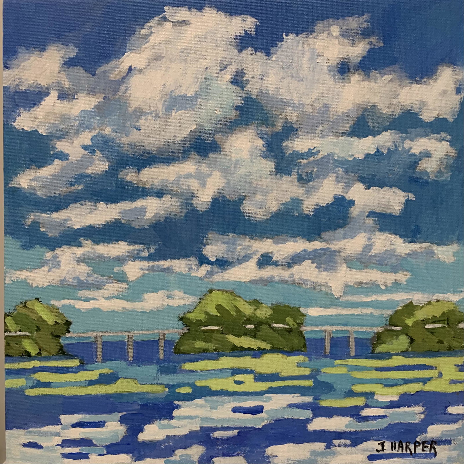 James Harper, artist. "Road to Key West": This stunning moment in time captured in acrylic by James Harper. The cloud-filled sky reflecting on the water reminds one of the magnificence of nature in "Road To Key West". Signature on the lower r
