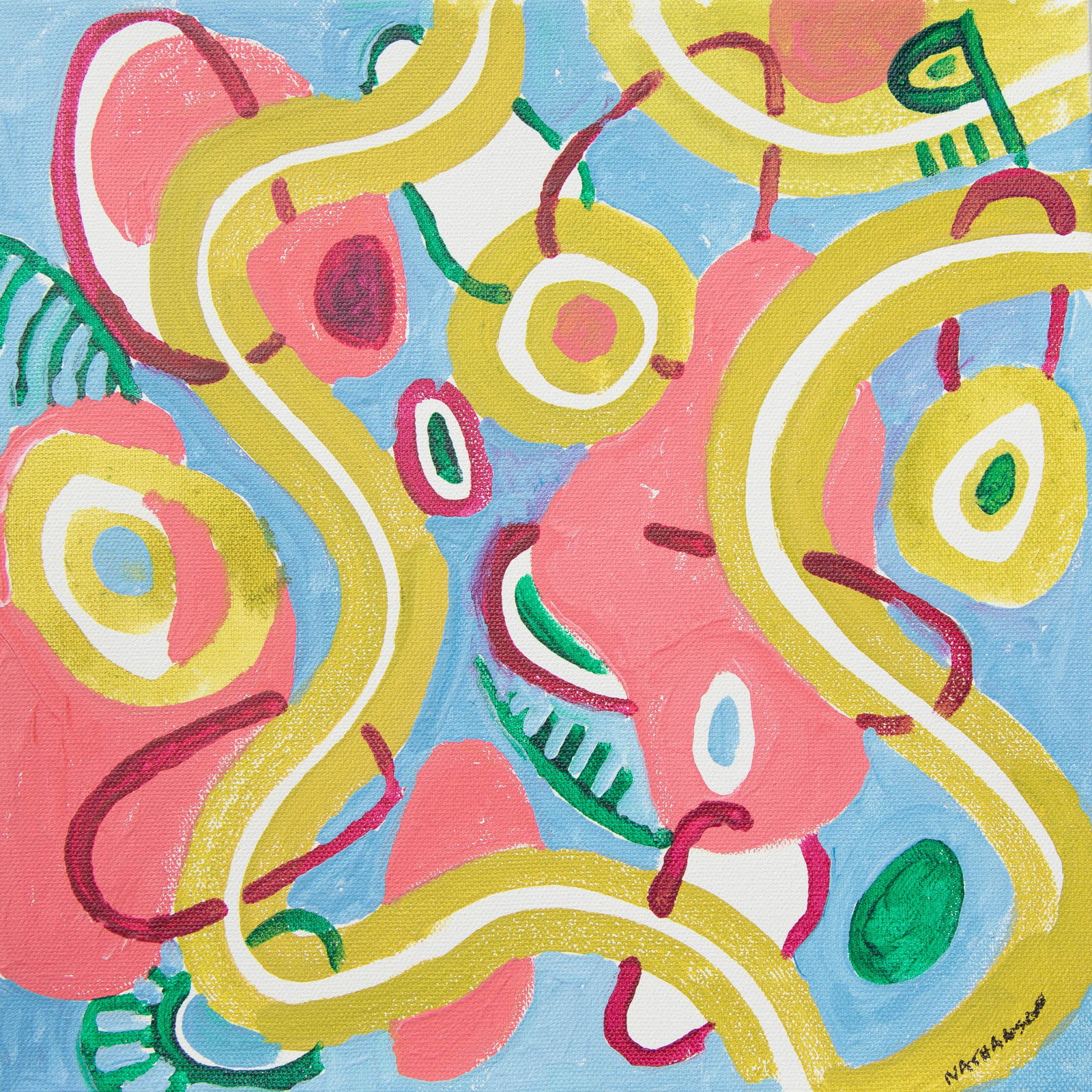 Jon Nathanson / Loop saturated: Acrylic on Canvas. Loop Saturated is part of a series of nine works inspired by movement. The work pairs with Sea Loop. Based on the elements of nature the piece explores a lively palette in layers of