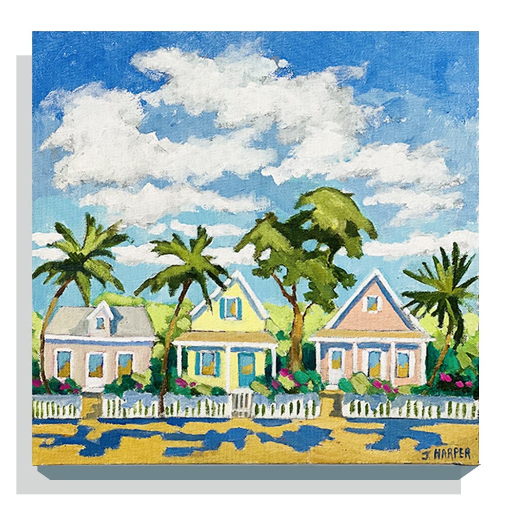 James Harper/ Key West Cottages: Painting, Acrylic on canvas. A lovely collection of three colorful Key West cottages nestled in a palm tree landscape as seen from the street. The artist has donated this artwork and 100% of the sale 