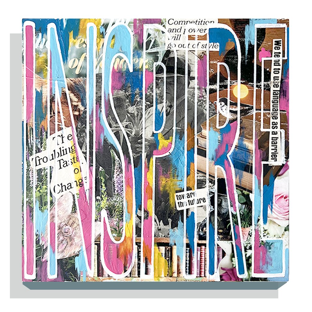 Lori Pratico Inspire Growth: Mixed media. One of a kind mixed media. Vintage 1940’s photos mixed with modern elements. The artist has donated this artwork and 100% of the sale proceeds go to Wilton Art®