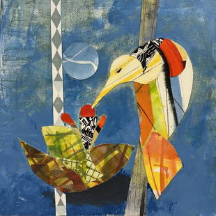 Lee Brock / Bird with Flower and Blue Moon: Mixed media. A piece from my collection of "Bird Collages" made from my original paintings and prints. This piece is mounted on canvas board.