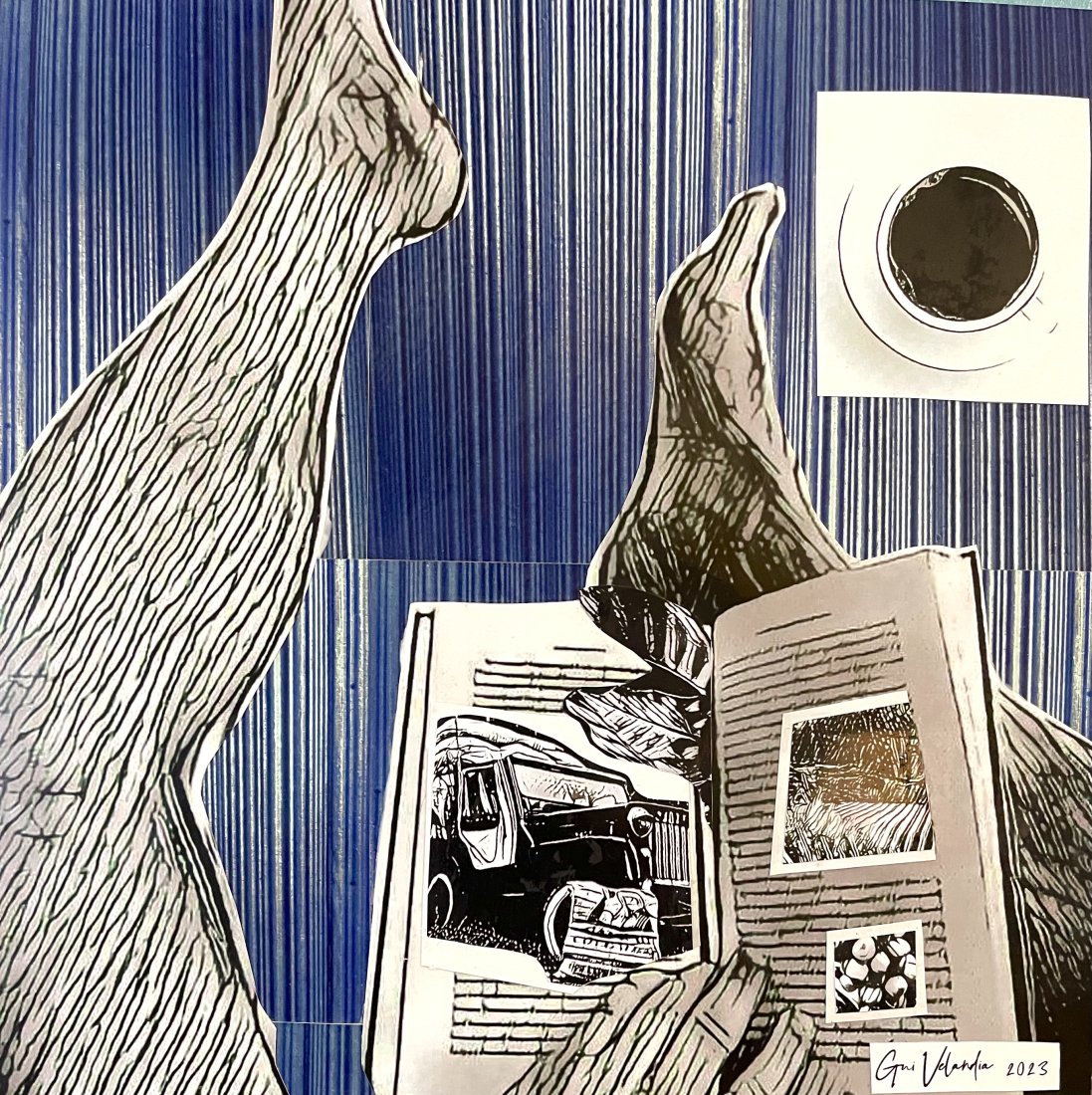 Gui Velandia / Morning Joe , 2023: Mixed media. Waking up in the morning and having black coffee while you are reading a Colombian coffee book with illustrations .