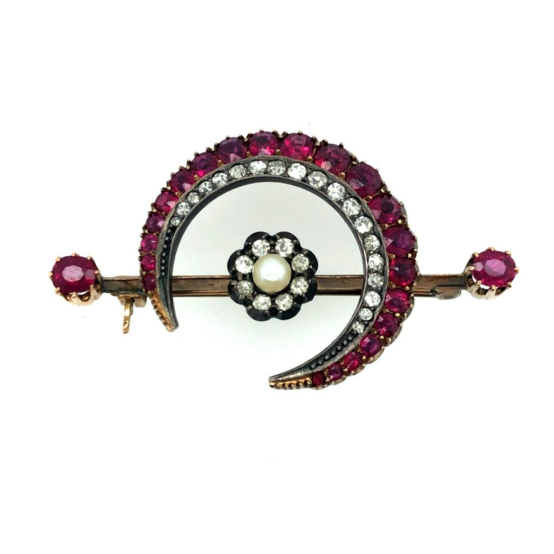 Victorian Silver on Yellow Gold Garnet Diamond Pearl (1 of 2)