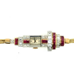 1940 Retro Platinum Yellow Gold Ruby & Diamond Ladies