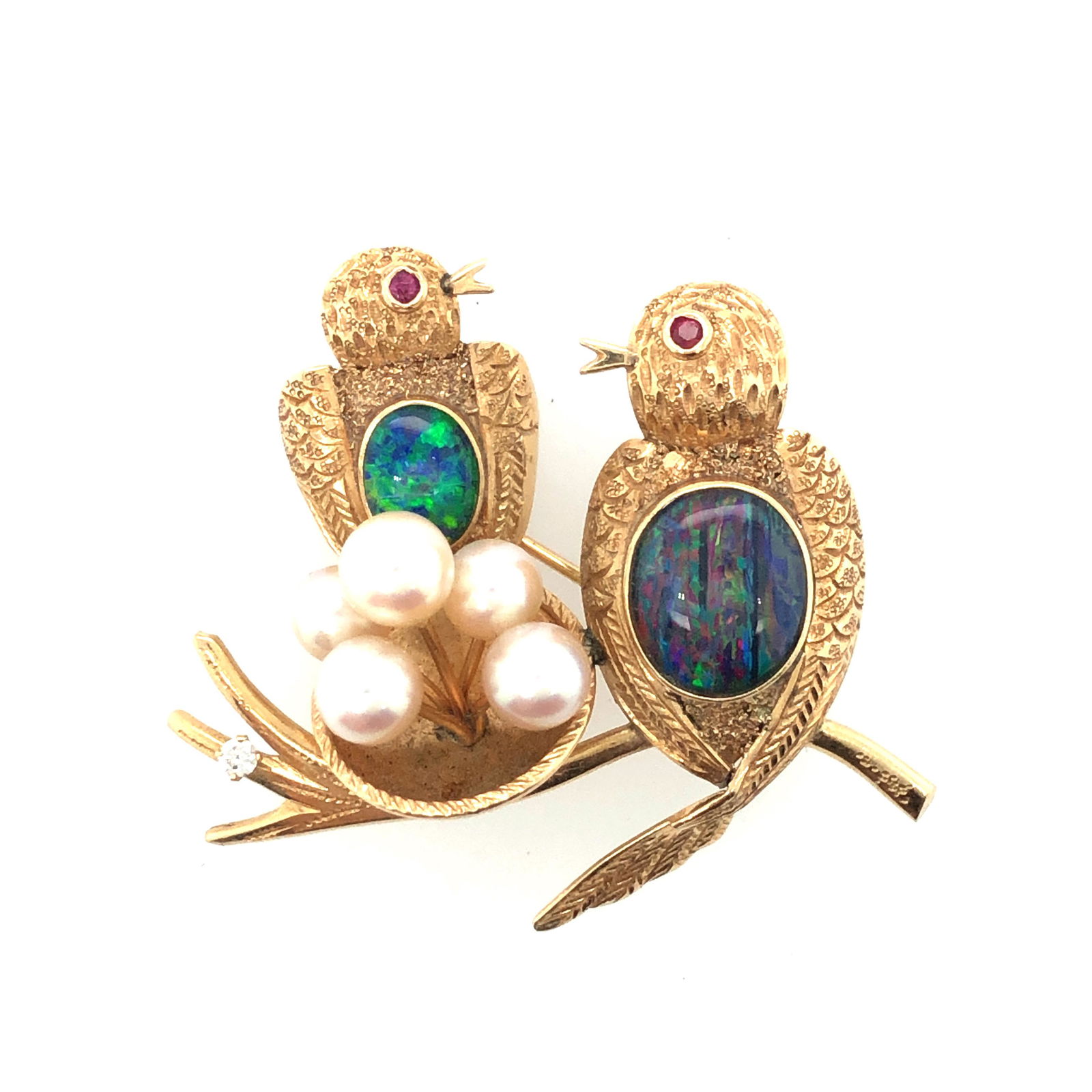 14K Yellow Gold Opal and Pearl birds Brooch (1 of 3)