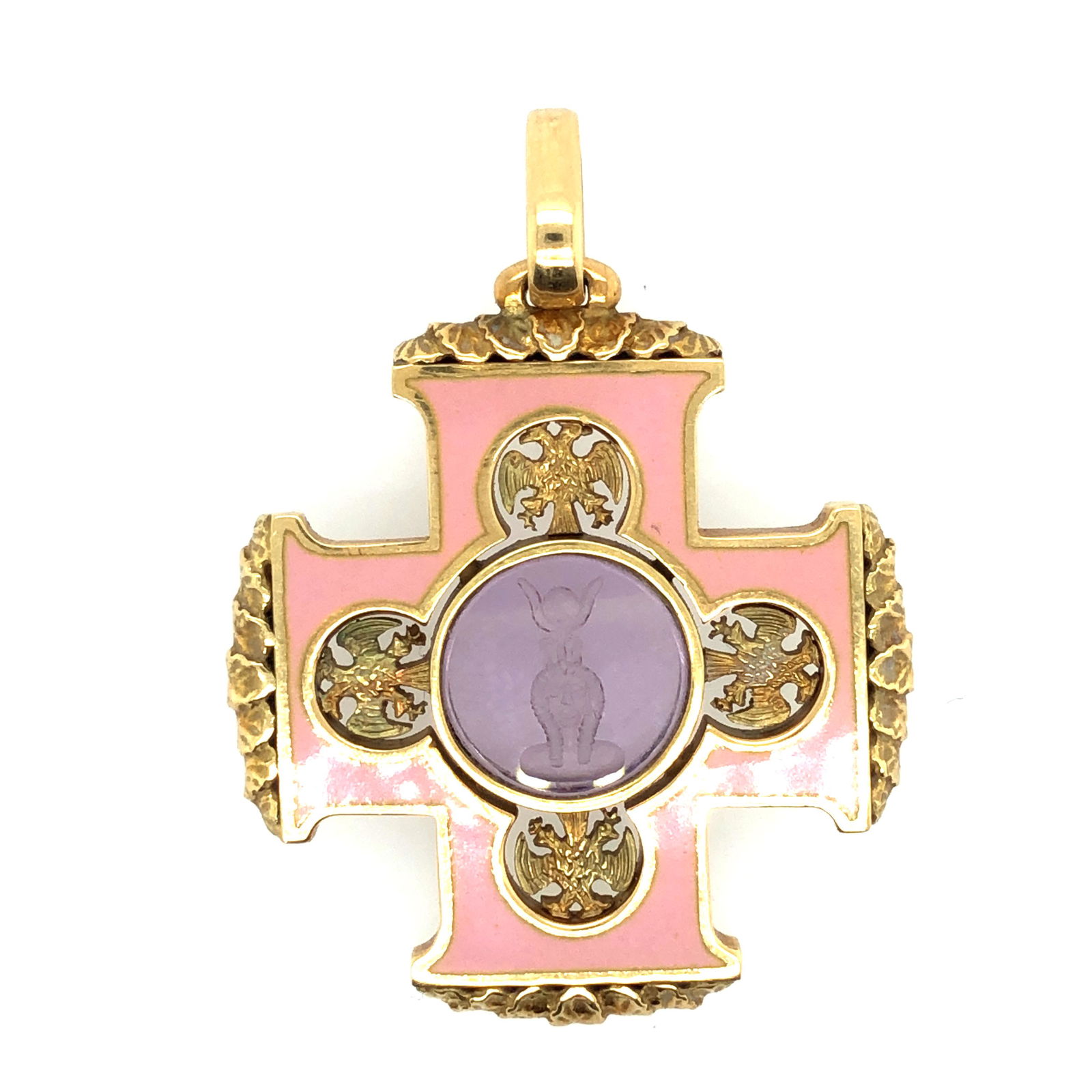 18K Yellow Gold pink Enamel cross. (1 of 3)