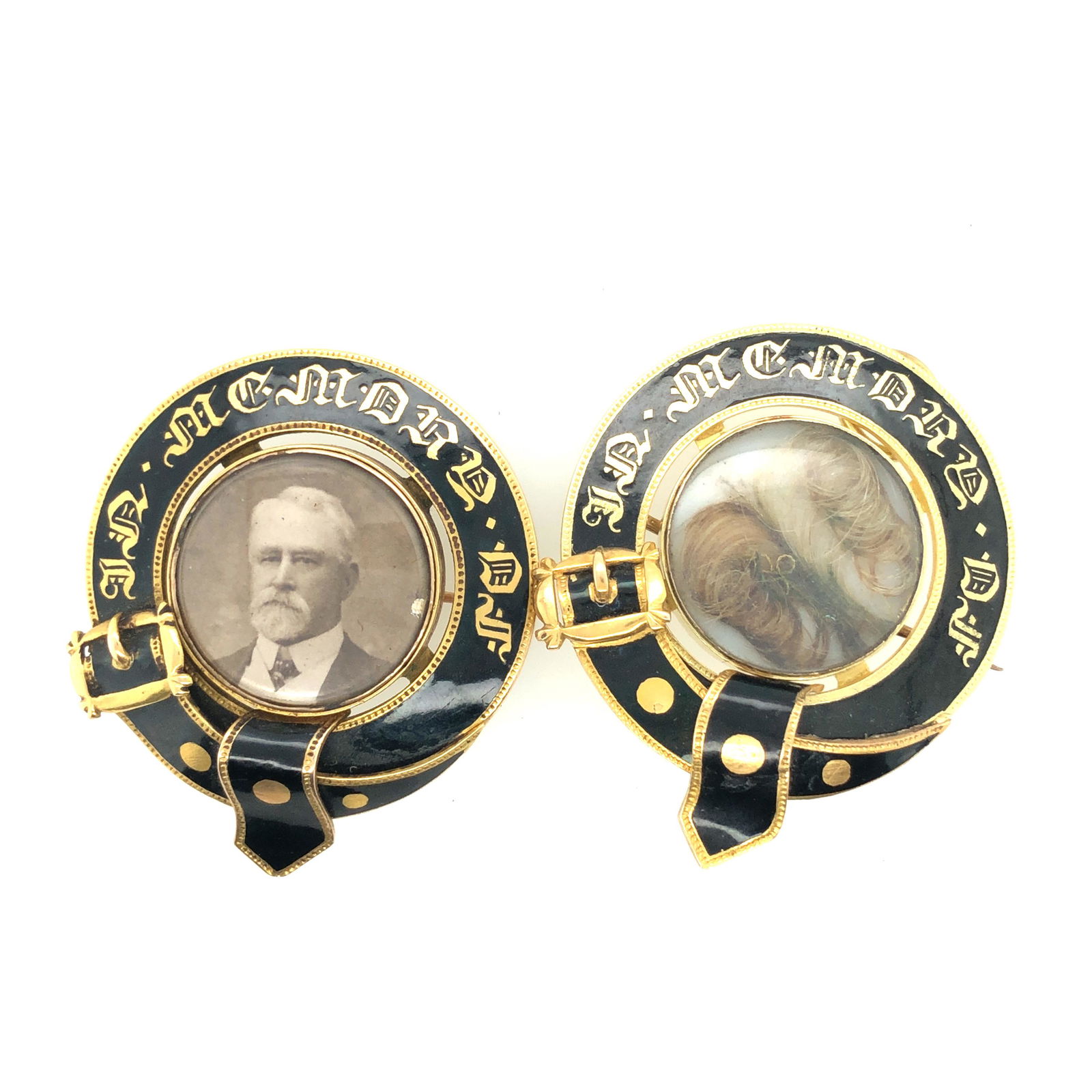 Pair of 14K Y/G + black enamel mourning Brooch (1 of 4)