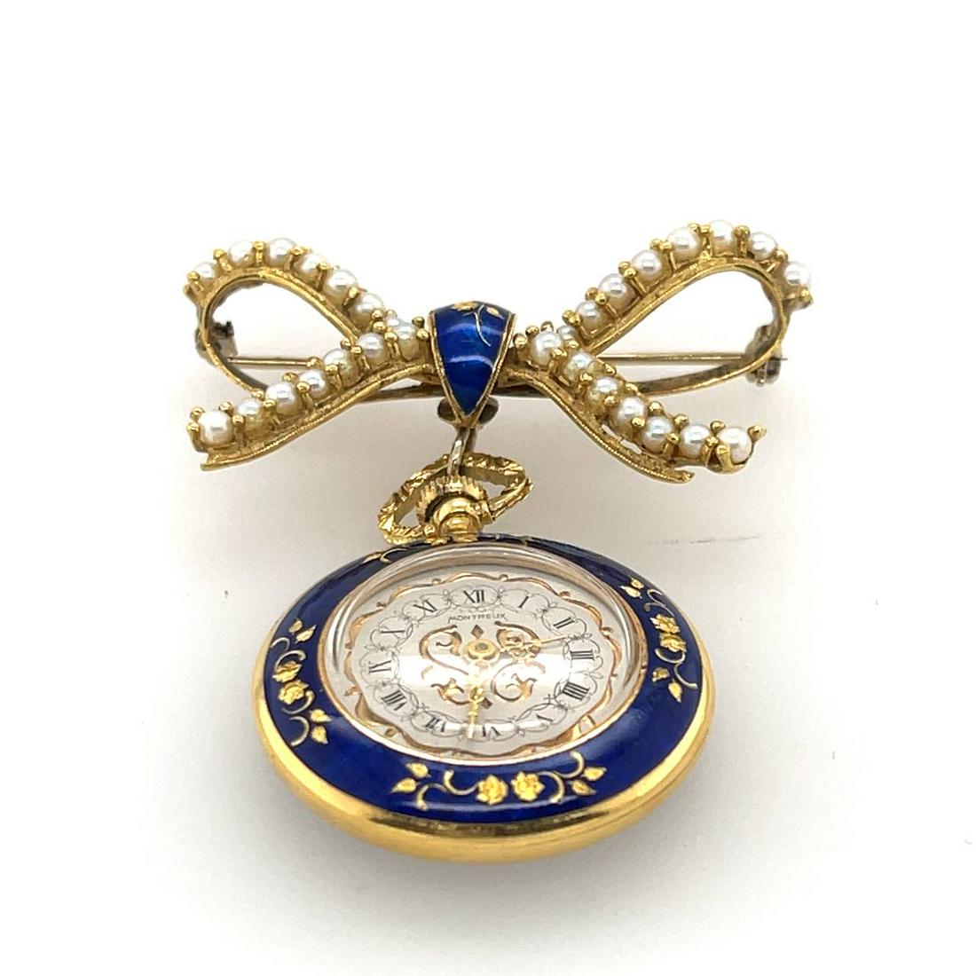 Yellow Gold blue Enamel & Pearl-Open face Pocket Watch Chatelain. (1 of 11)