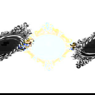 Victorian 18K Yellow Gold Banded Agat & Blue Enamel Pin: Antique Gold Brooch with Black and White Banded Agate & Blue Enamel – Circa 1850This striking antique pin features a large natural black and white banded agate carved in the form of an eye, set