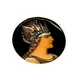 Art Nouveau Swiss 18K Yellow Gold Enamel Diamond Pin