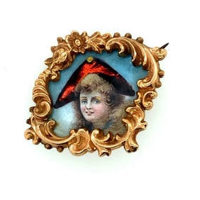 Art Nouveau French 14K Yellow Gold & Enamel Pin
