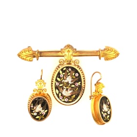Victorian Italian Set of Micro Mosaic Pin with Earrings