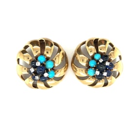 Pair of 14K. Yellow Gold Dimond sapphire and tourquise