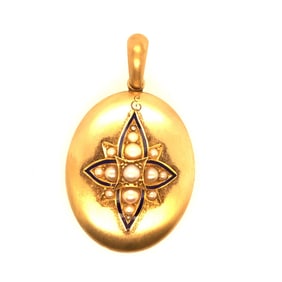 18K Y/G Victorian pear + blue enamel lockett pendant.