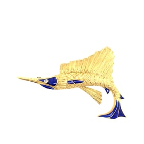 Italian 18K Yellow Gold Enamel sword fish Brooch