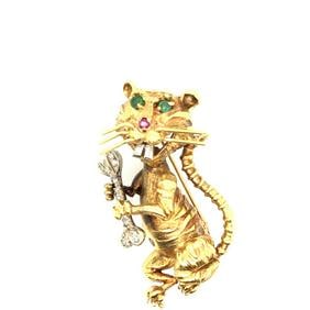 18K Yellow Gold Diamond, Ruby , Emareld Cat Brooch