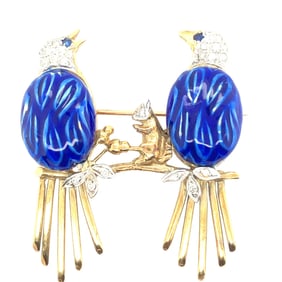 14K Yellow Gold Diamond and Blue Enamel double Bird