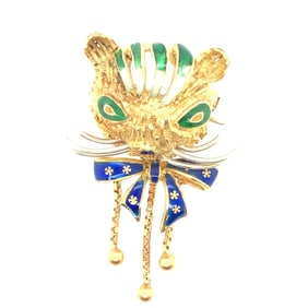 18K Yellow Gold Enamel Cat Brooch
