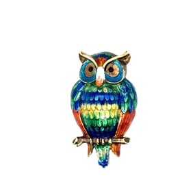 18k yellow gold enamel Owl Pin.