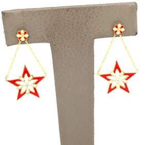 Pair of 14K Yellow Gold Star Enamel + Diamond hanging