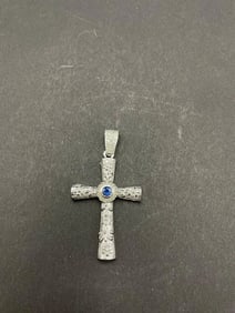 14k White  Gold & Diamonds, Sapphire Cross  .